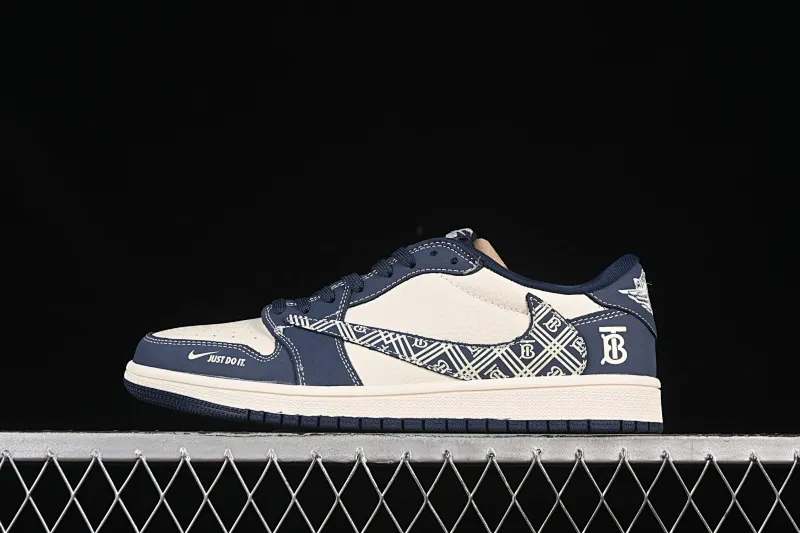 All categories Air Jordan Jordan series basketball shoes Air Jordan 1 Low High-end customized low-top sneakers Travis Scott x Fragment Design x Air Jordan 1 Low OG SP AJ1 Burberry co-branded dark blue pattern hook low-top cultural casual sneakers LD2025-014
